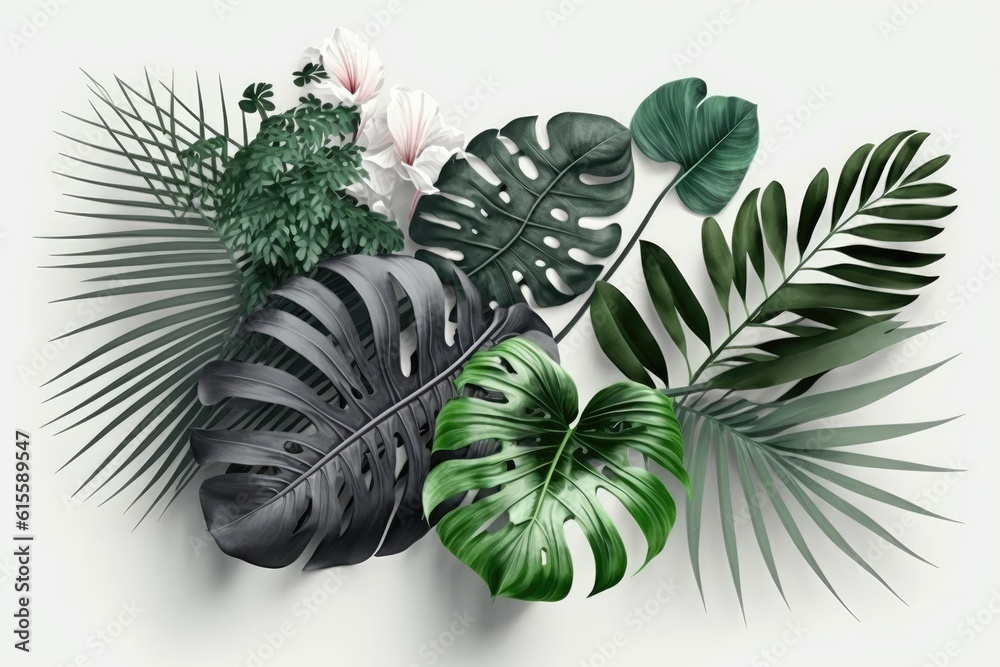 various tropical leaves isolated on a white background. Generative AI