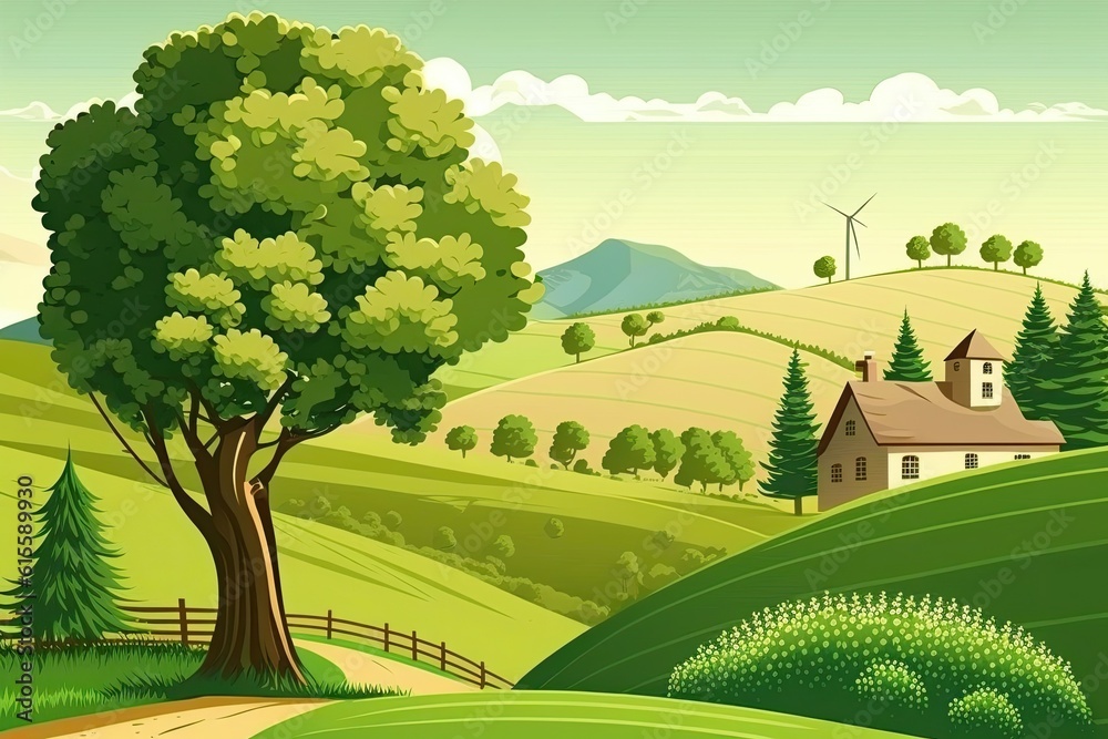 serene countryside scene with a rustic house and lush trees. Generative AI