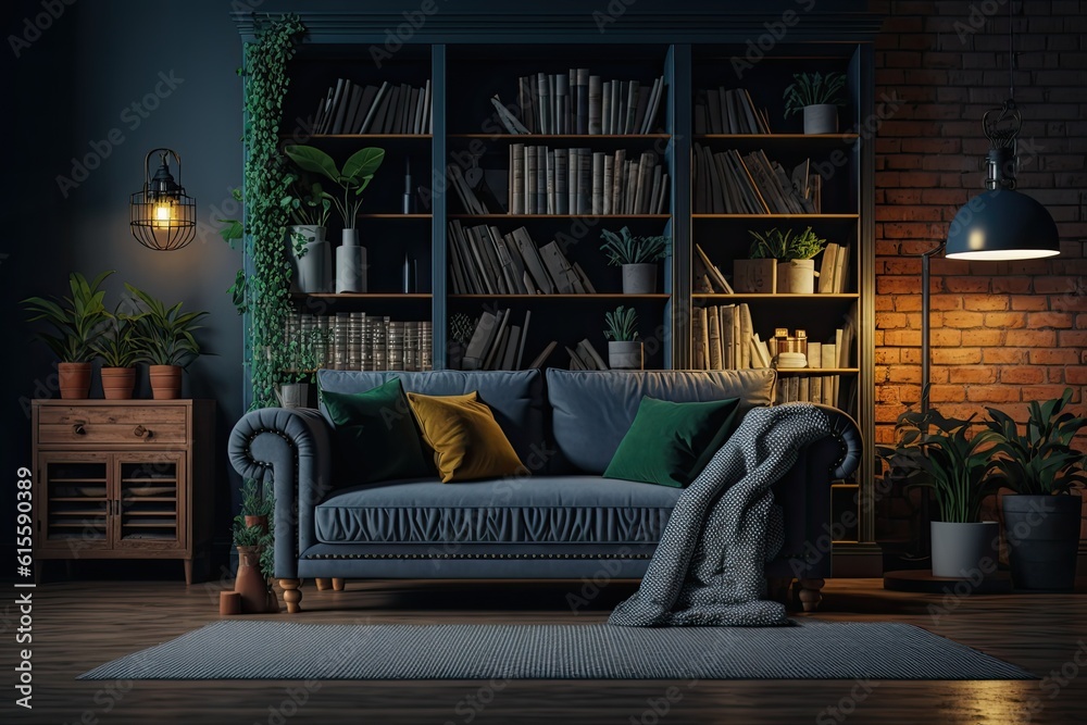 cozy living room with a comfortable couch, stylish bookshelf and warm rug. Generative AI