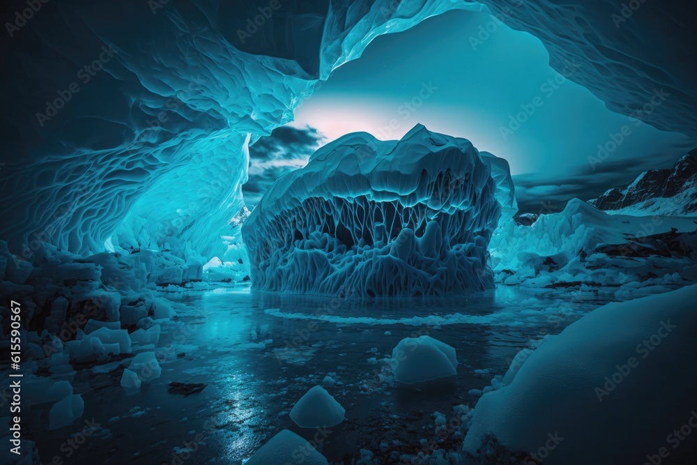 otherworldly ice cave with shimmering ice formations and a crystal clear pool of water. Generative A