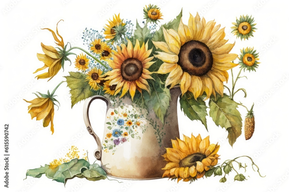 still life painting featuring sunflowers in a pitcher using watercolors. Generative AI