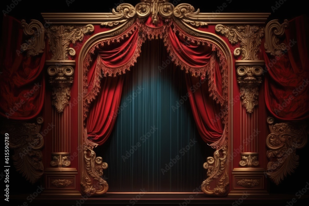 stage with red and blue curtains. Generative AI