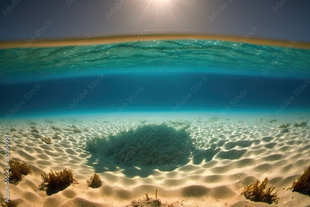 underwater scene featuring a sandy beach and seaweed. Generative AI