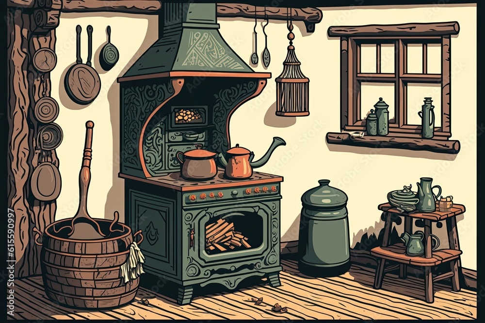 antique stove in a vintage kitchen setting. Generative AI