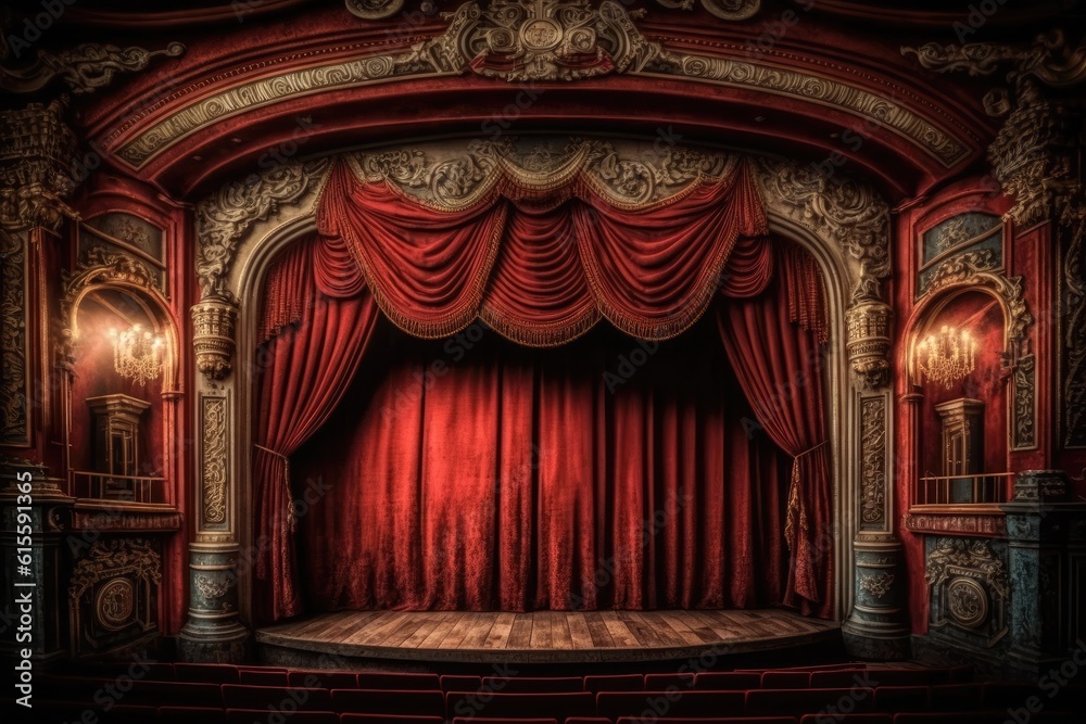 Stage with Red Curtain and Wooden Floor. Generative AI