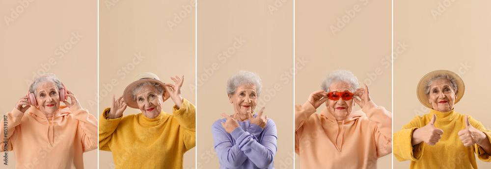 Collage of stylish senior woman on beige background