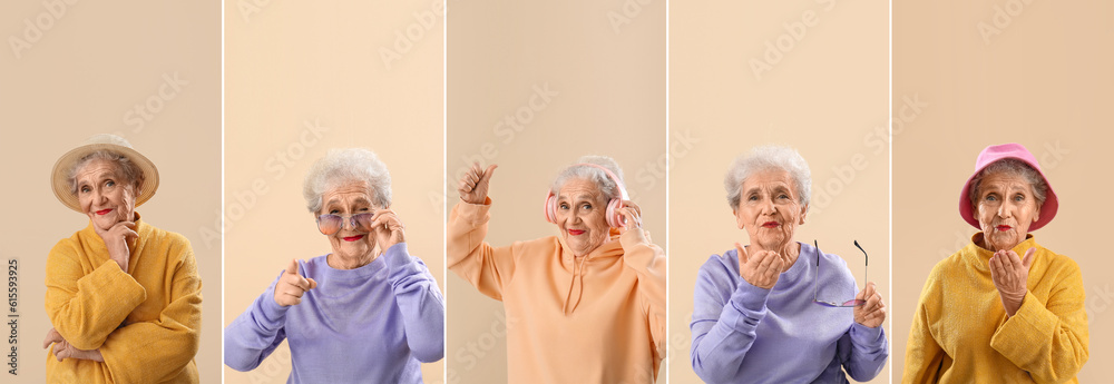 Collage of stylish senior woman on beige background