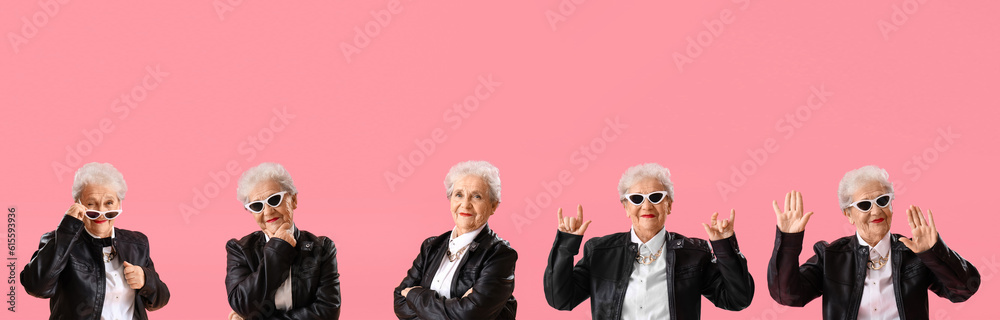 Collage of stylish senior woman in leather jacket on pink background