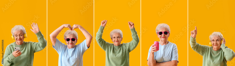 Collage of beautiful senior woman on yellow background