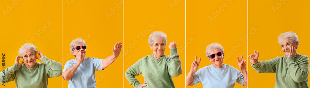 Collage of beautiful senior woman on yellow background