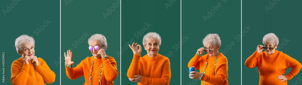 Collage of stylish senior woman on green background