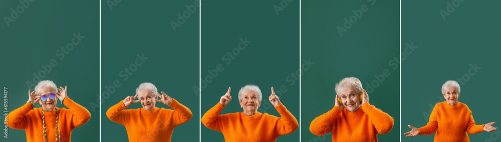 Collage of stylish senior woman on green background