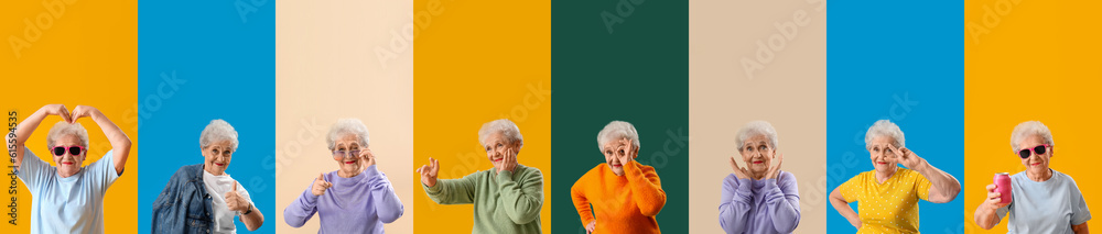 Collage of stylish senior woman on color background