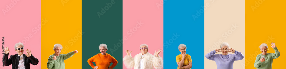 Collage of stylish senior woman on color background