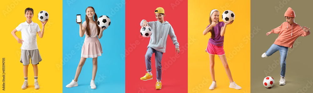 Set of children with soccer balls on color background