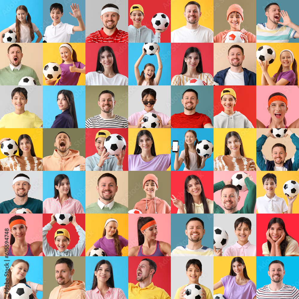 Collage of many people with soccer balls