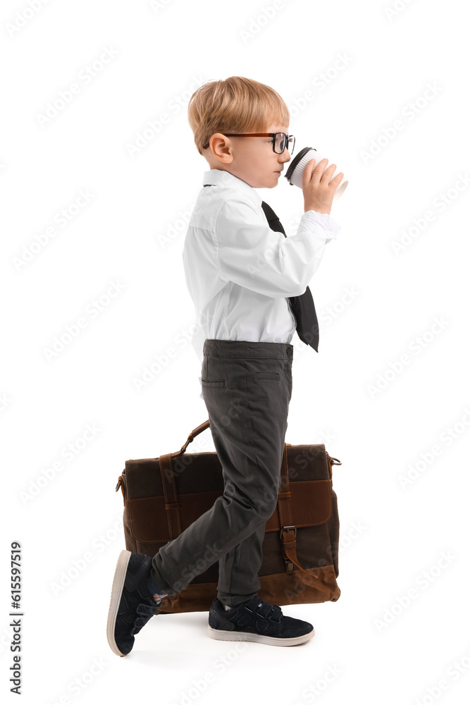 Funny little businessman with cup of coffee and briefcase on white background