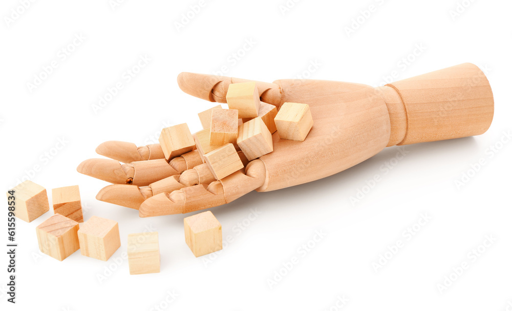 Wooden hand with cubes isolated on white background