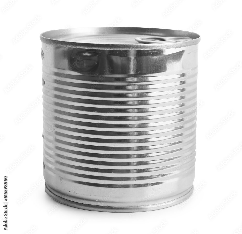 Tin can with fish isolated on white background