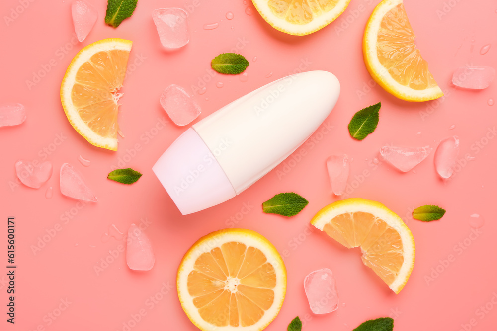 Deodorant with orange slices, mint and ice on color background