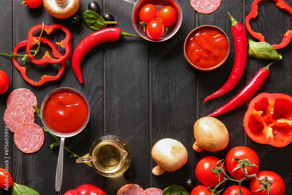 Frame made of fresh ingredients for preparing pizza on dark wooden background