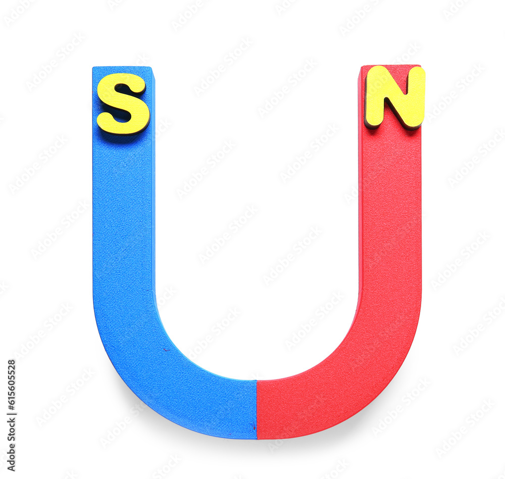 Horseshoe shaped magnet with North and South poles on white background