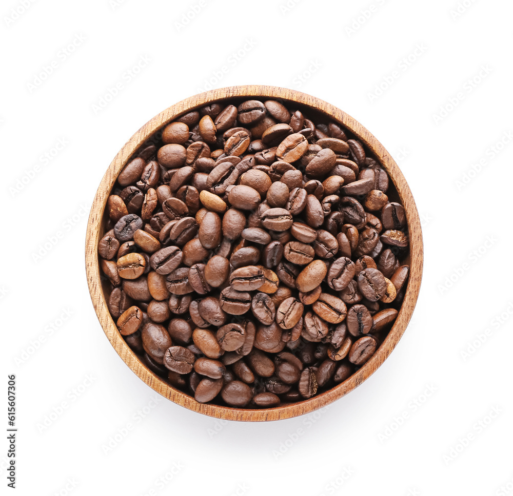 Bowl with coffee beans on white background