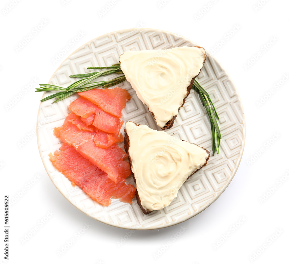 Plate of tasty sandwiches with cream cheese and fish on white background