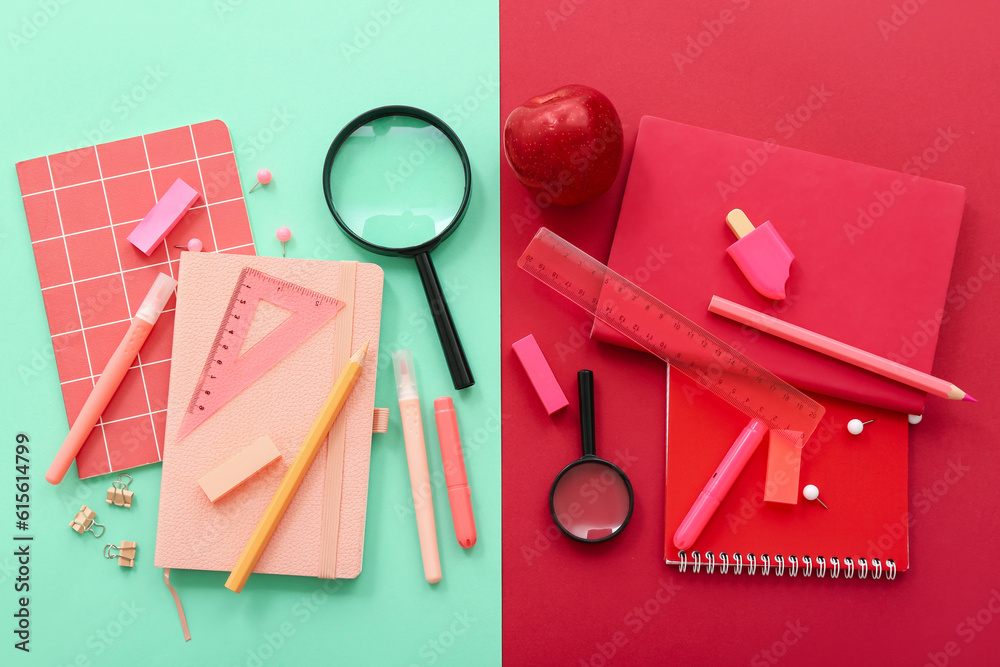 Fresh apple with magnifiers and different stationery on color background