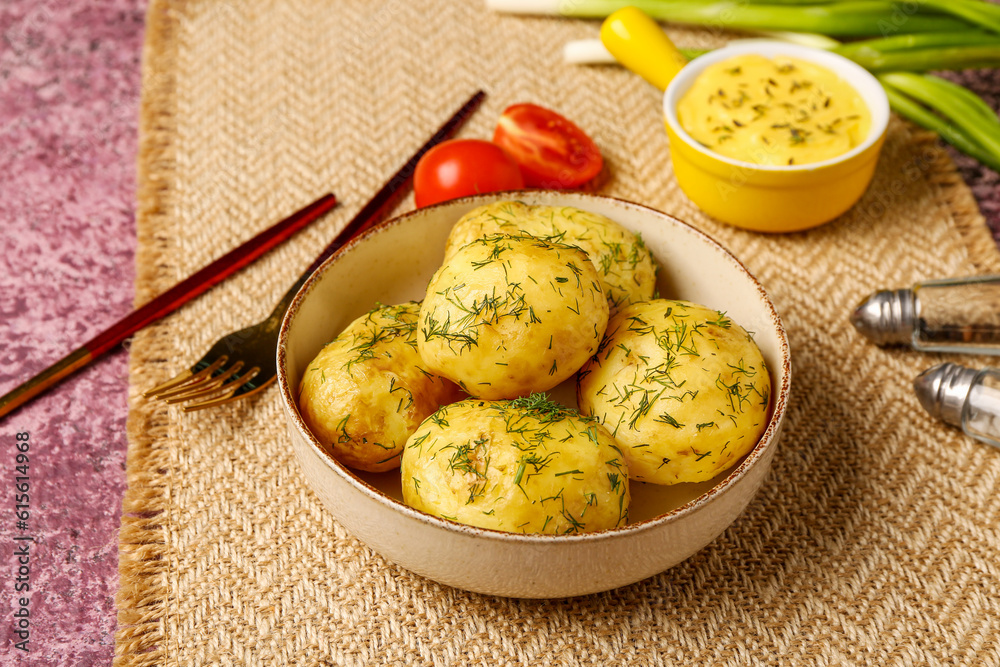 Plate of boiled baby potatoes with dill and sauce on purple background