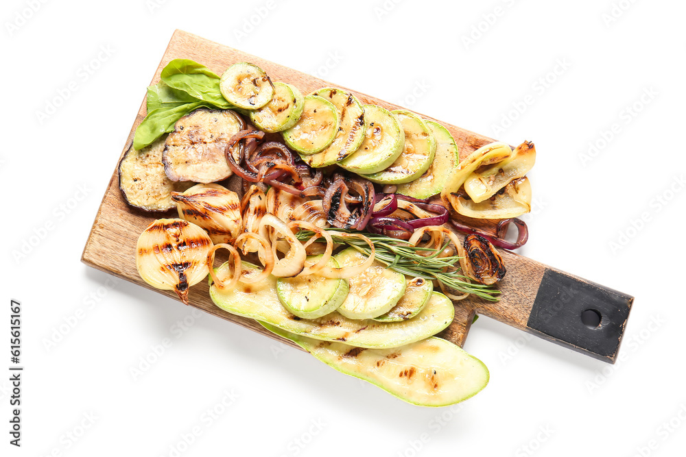 Wooden board with different tasty grilled vegetables on white background