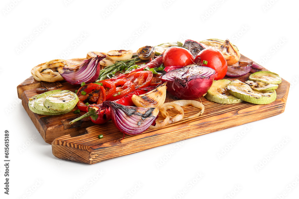 Wooden board with different tasty grilled vegetables on white background