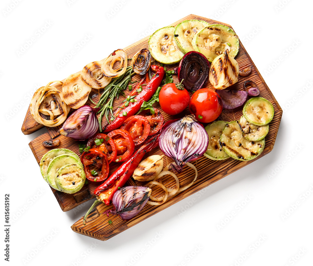 Wooden board with different tasty grilled vegetables on white background