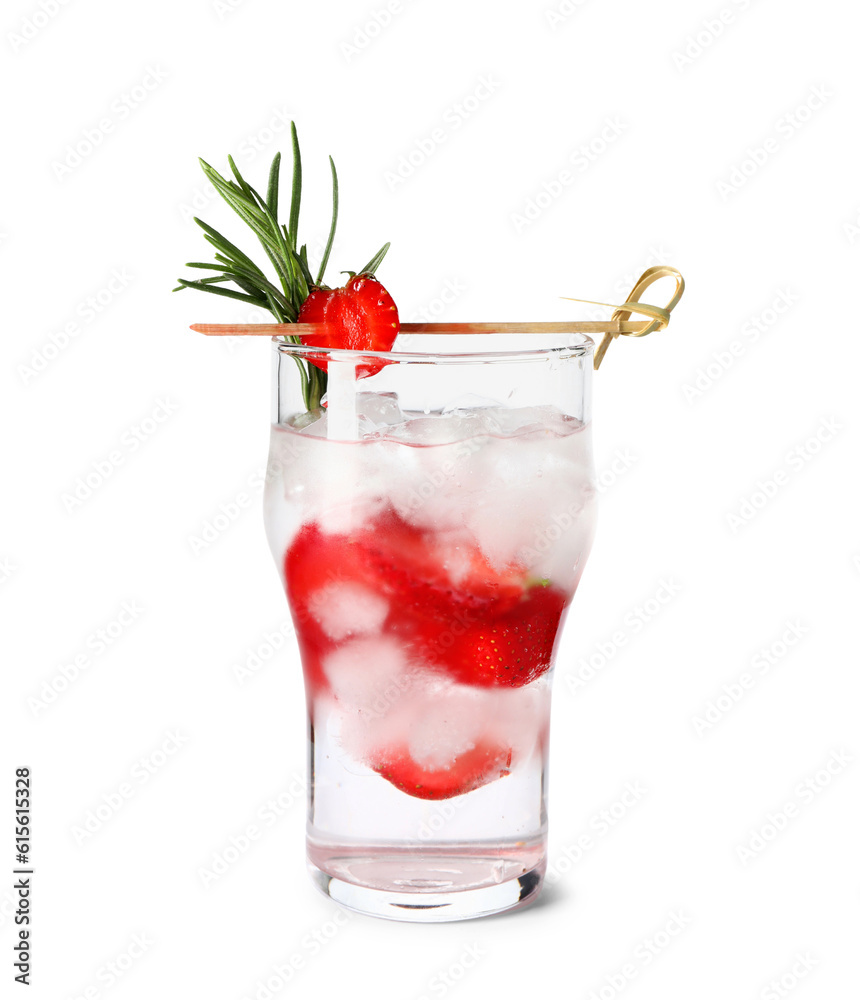 Glass of infused water with strawberry and rosemary on white background