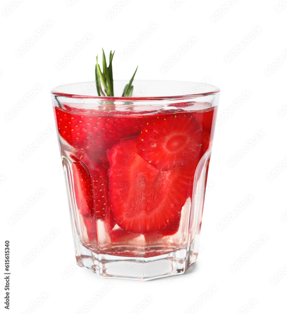 Glass of infused water with strawberry and rosemary on white background