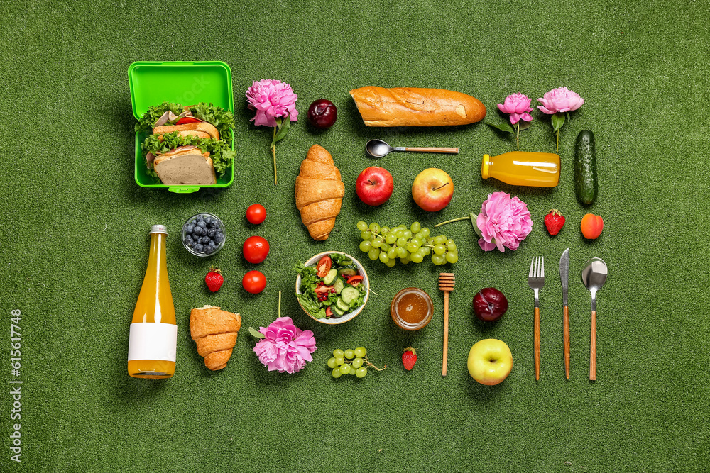 Composition with salad, sandwiches, juice and different tasty food for picnic on green background