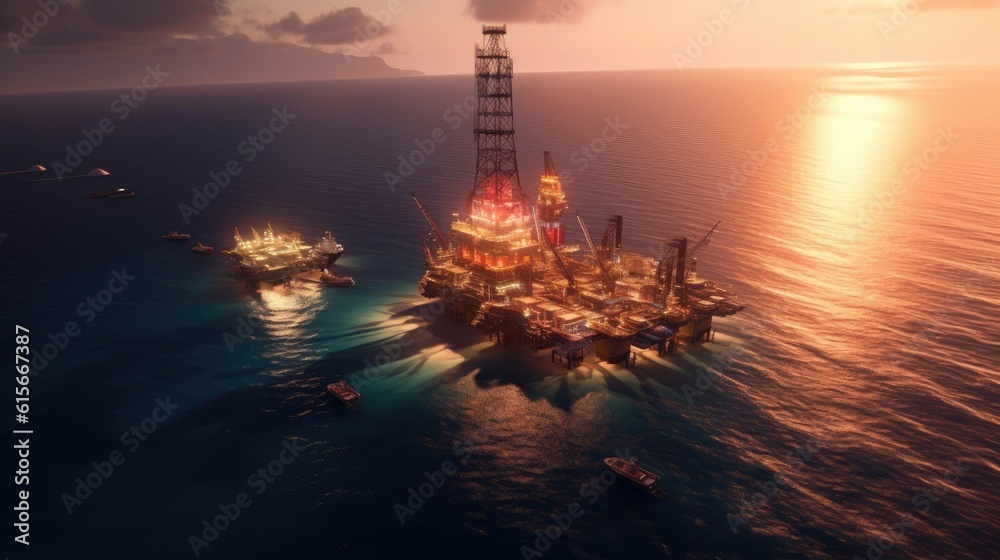 Aerial view offshore drilling rig at the offshore location during sunset. Generative Ai