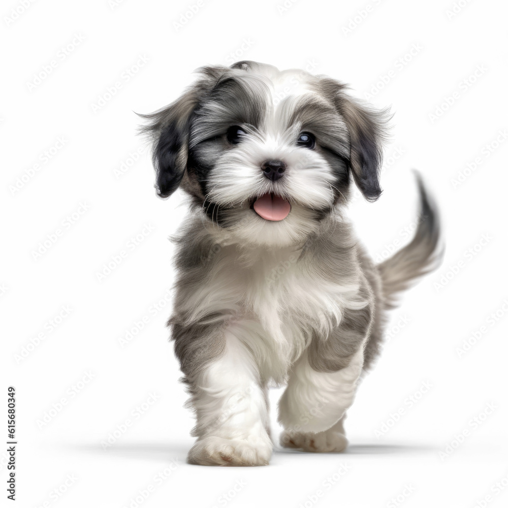 A full body shot of a cheerful Shih Tzu puppy (Canis lupus familiaris)