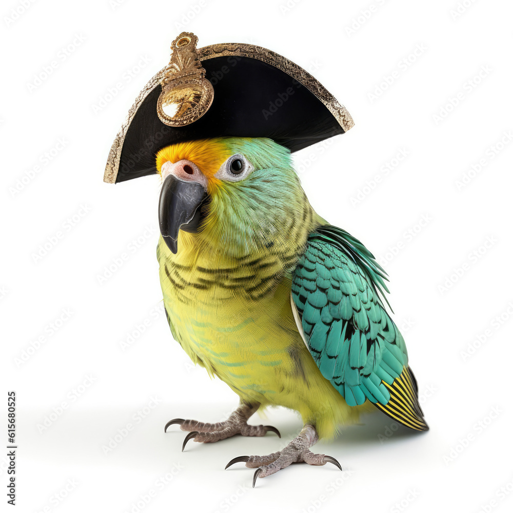 A Parakeet (Melopsittacus undulatus) with a pirate hat