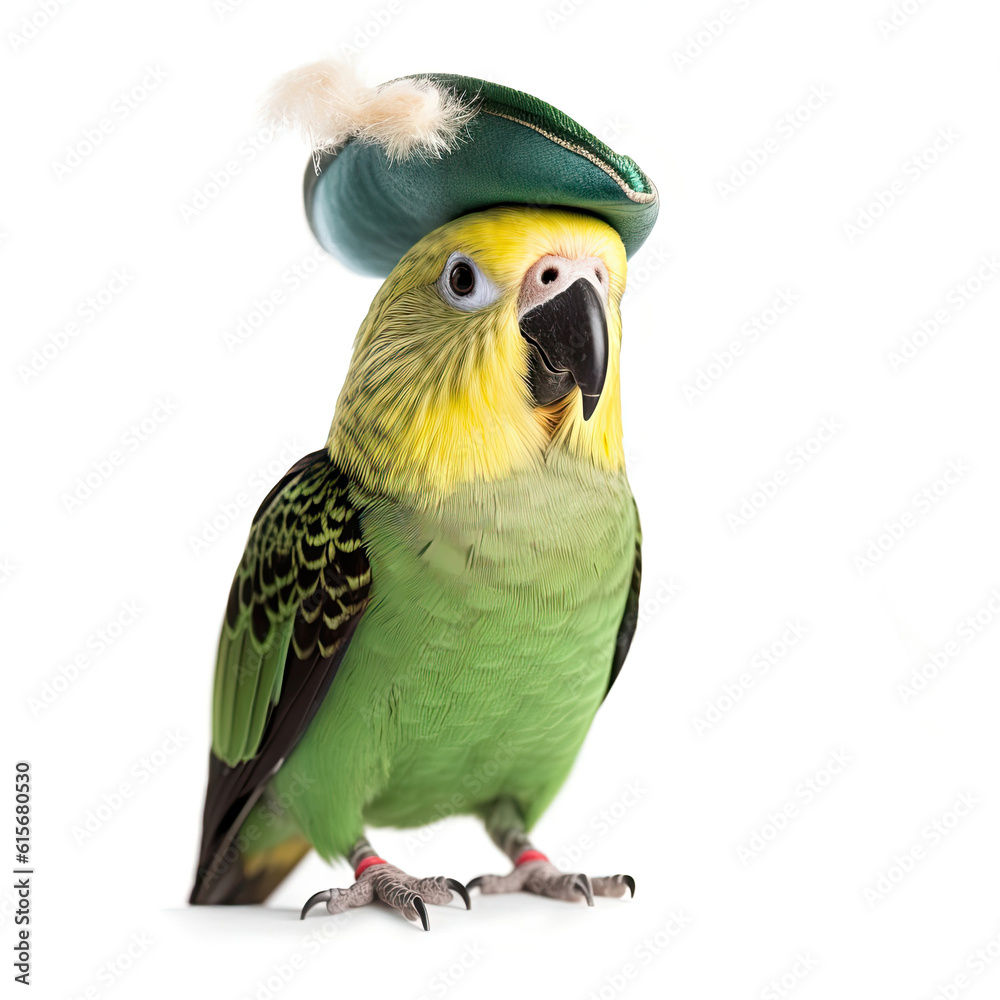 A Parakeet (Melopsittacus undulatus) with a pirate hat