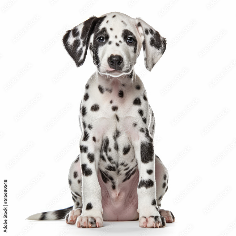 A full body shot of a happy Dalmatian puppy (Canis lupus familiaris)