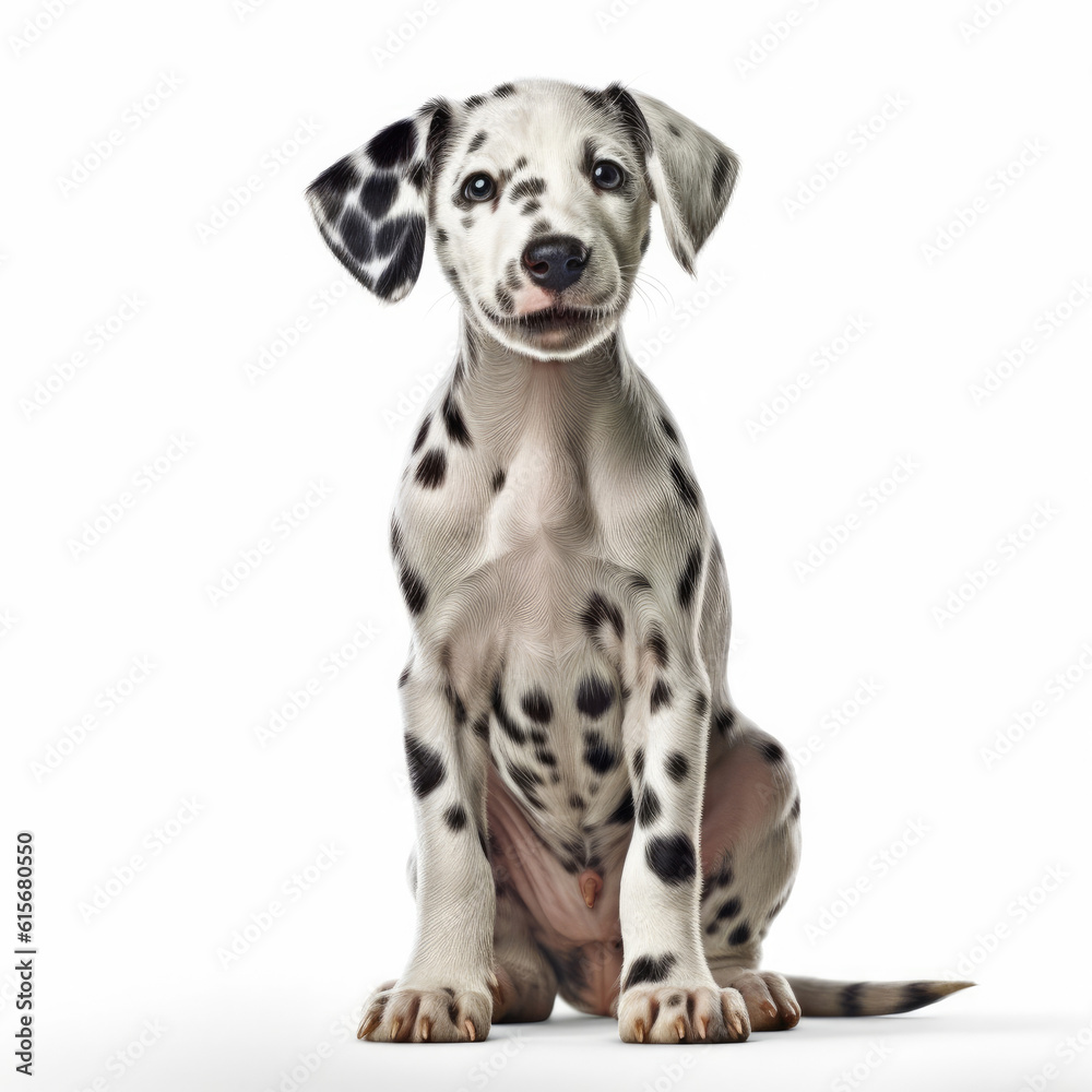 A full body shot of a happy Dalmatian puppy (Canis lupus familiaris)