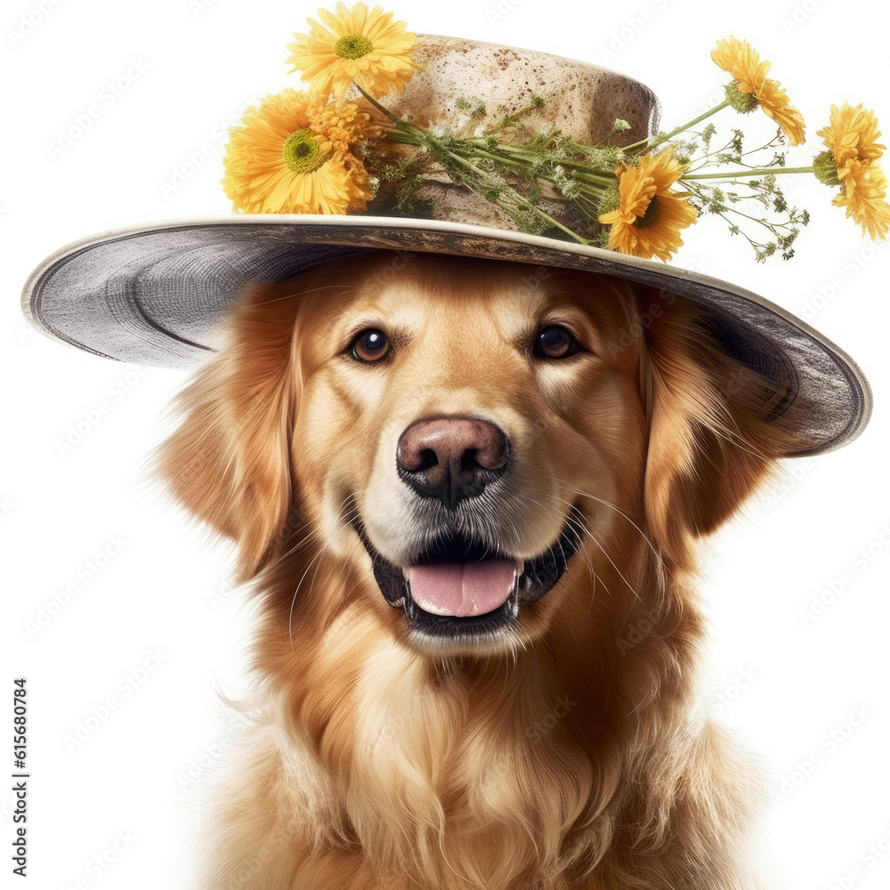 A Golden Retriever (Canis lupus familiaris) with a garden hat and watering can