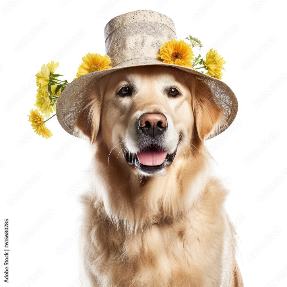 A Golden Retriever (Canis lupus familiaris) with a garden hat and watering can