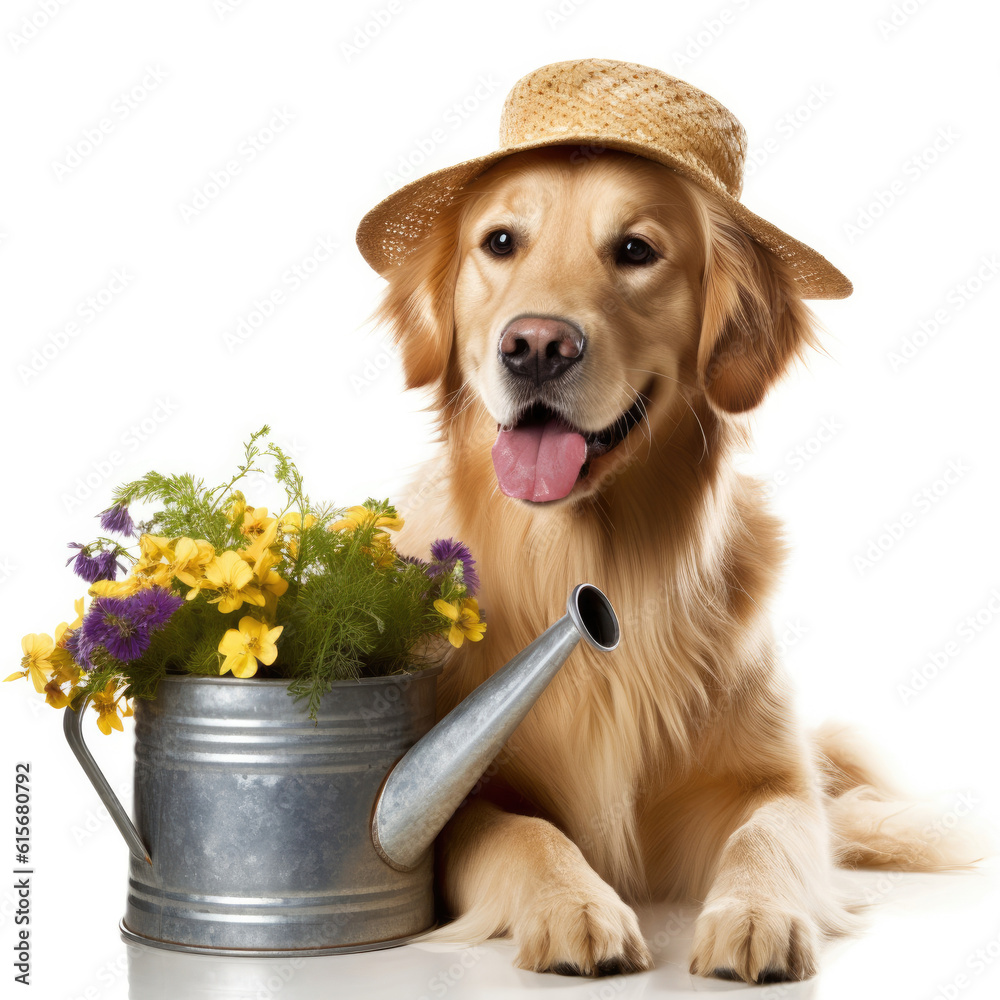 A Golden Retriever (Canis lupus familiaris) with a garden hat and watering can