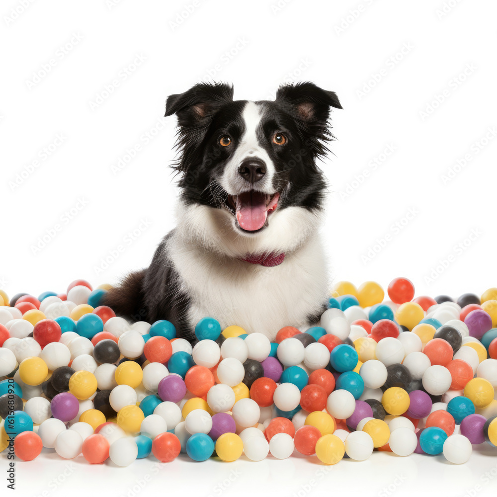 A Border Collie (Canis lupus familiaris) diving into a pool of balls