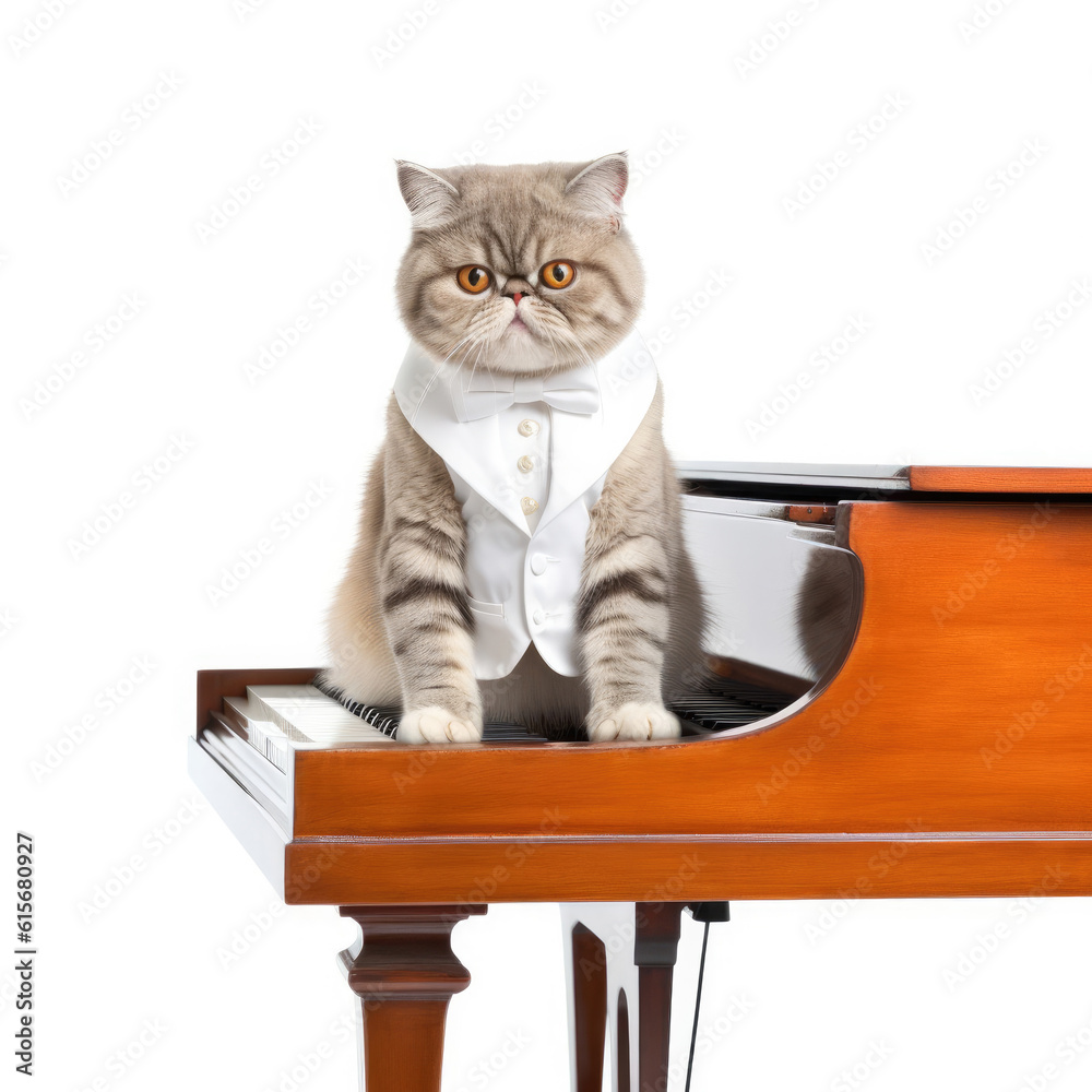 Exotic Shorthair cat (Felis catus) wearing fancy collar, sitting at mini piano