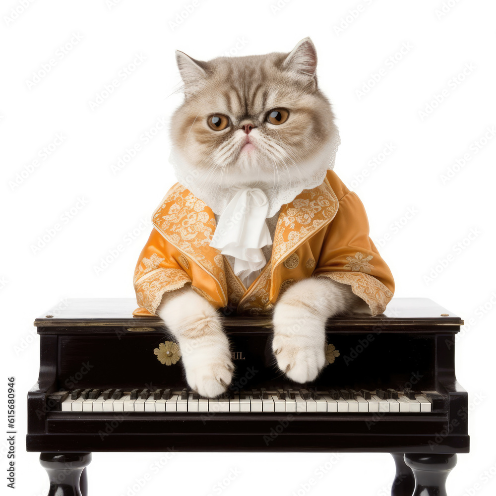 Exotic Shorthair cat (Felis catus) wearing fancy collar, sitting at mini piano