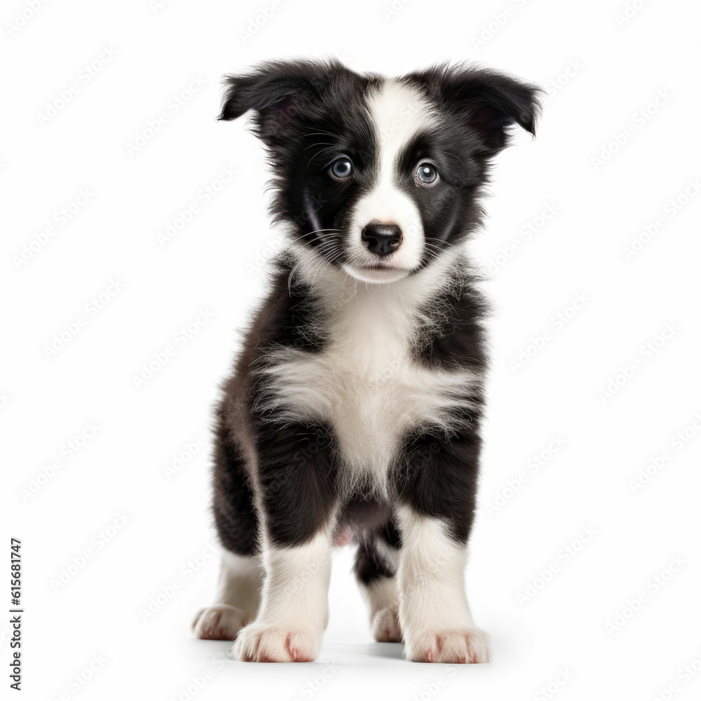 A full body shot of a curious Border Collie puppy (Canis lupus familiaris)