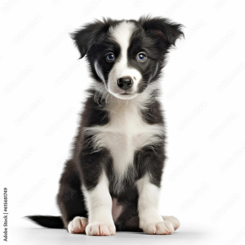 A full body shot of a curious Border Collie puppy (Canis lupus familiaris)